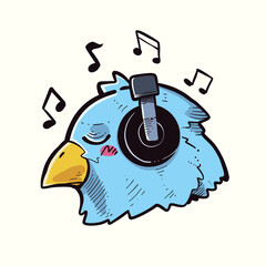 Illustration of a cartoon bird listen to music