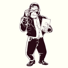 Hand drawn Illustration of a gorilla in  a suit holding a tablet 