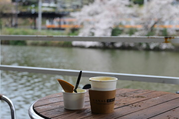 水辺のカフェと線路脇の桜