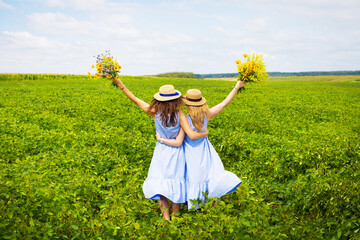 Two beautiful girlfriends in hats hugging in green field