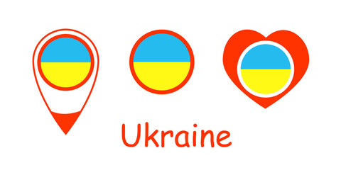 National flag of Ukraine, round icon, heart icon and location sign