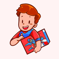 Illustration of a boy buying a toy or model kit
