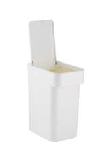 Subject shot of compact wastebasket with hidden handle and touch top bin. White versatile trash can is open and isolated on the white background.