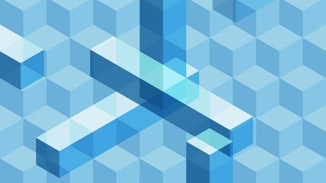 Wallpaper of cubes and floating bars abstract animation for backdrop, looped seamless. Isometric perspective, hypnotic and elegant, with transparency effects.