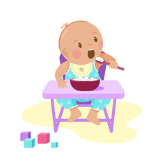A charming baby in blue sliders is eating porridge. Vector in a flat cartoon style. Isolated on a white background.