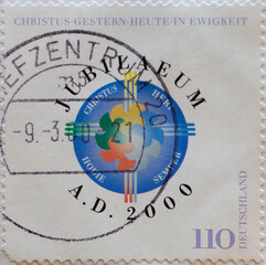 GERMANY - CIRCA 2000 : a postage stamp from Germany, showing an emblem: Holy Year / Jubilee Anno Domini 2000. Text: Christ - Yesterday - Today - In Eternity, Jubilee