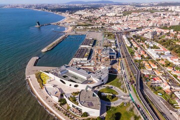 Aerial view of Fundacao Champalimaud, a modern architectural building along tagus riverside in...