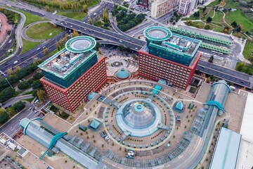 Lisbon, Portugal - 15 December 2020: Aerial view of Centro Colombo pavillon with modern building, a...