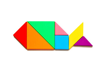 Color tangram puzzle in fish shape on white background