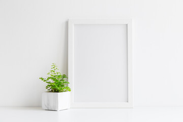 White desk with photo frame mock up and a green plant in marble pot near white wall.