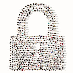 Concept conceptual large community of people forming the padlock icon. 3d illustration metaphor for communication, encryption, security, privacy and technology