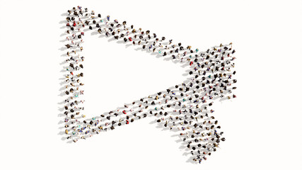 Concept conceptual large community of people forming the megaphone icon. 3d illustration metaphor for communication, audio announcement, broadcast, warning and marketing