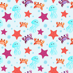 Obraz premium Seamless background. Marine life. Vector illustration. Jellyfish and crab in the ocean.