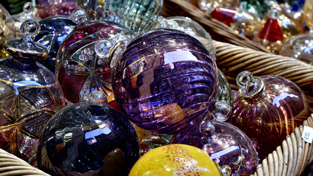 Christmas glass toys balls of red. Christmas trees toys for sale. New years eve spirit