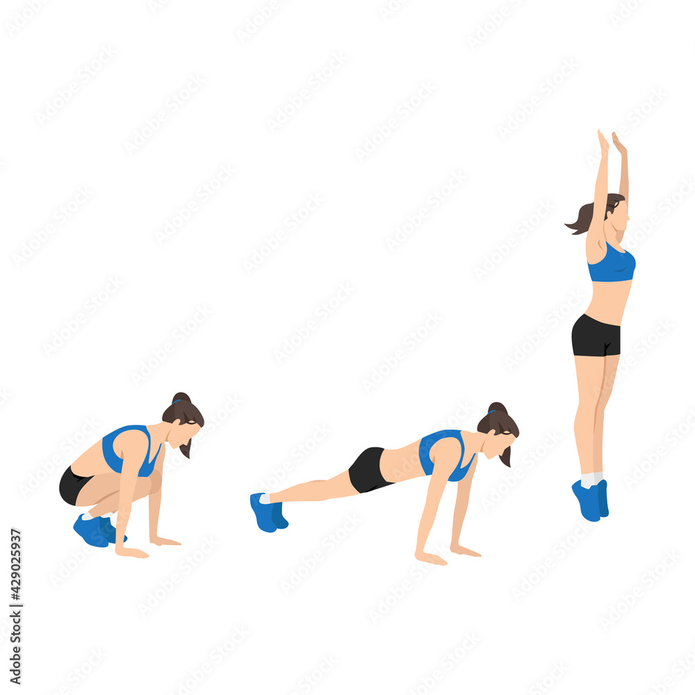 Wall mural woman doing burpees. squat thrusts exercise flat vector illustration isolated on white background