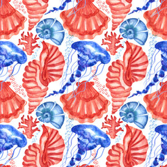 Watercolor seashells and starfish seamless pattern. Illustration of jellyfishes and sea stars for  for creating fabrics, textile, decoupage, wallpapers, print, gift wrapping paper, invitations.