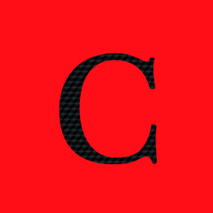 Letter C textured in opaque black metal look editable vector on red background