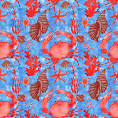 Marine background with sea turtle, shells, crabs and corals. Watercolor seamless pattern. Perfect for creating fabrics, textile, decoupage, wallpapers,  print, gift wrapping paper, invitations