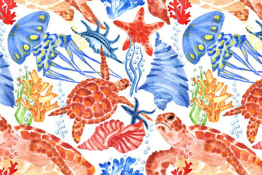 Marine background with sea turtle, shells, jellyfish and corals. Watercolor seamless pattern. Isolated on white background. Perfect for creating fabrics, textile, decoupage, wallpapers.
