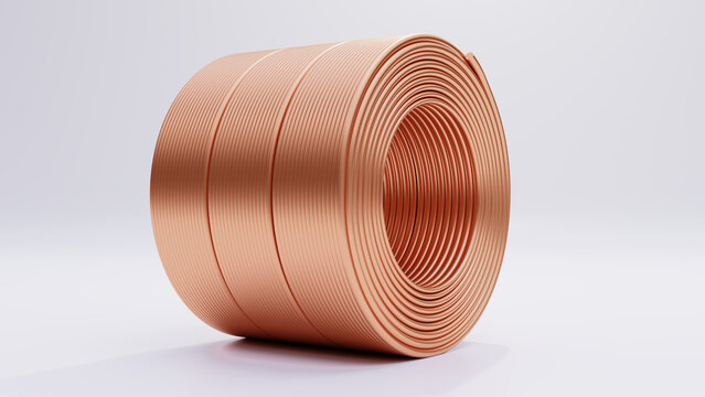 Copper wire coil cable reel on white background. Industry metal aluminum spool. 3d render.