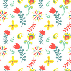 Vector spring floral pattern folk flowers and leaves on a white background. Perfect for printing on fabric, paper, invitations. Ethnic background.