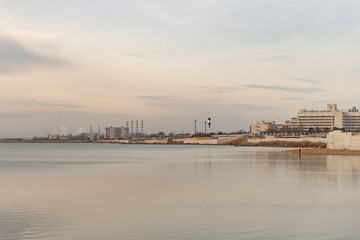 Naklejka premium Saka Salt Lake. Saki Lake a salt lake on the territory of the city district. Embankment on the lake side.
