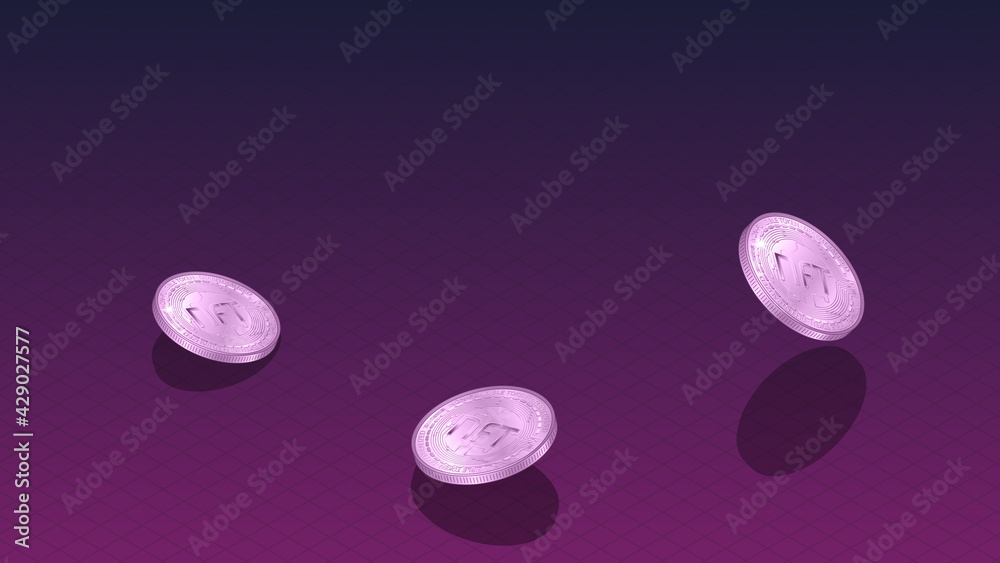 Wall mural nft non fungible tokens banner with isometric falling coins and copy space on dark red. pay for uniq