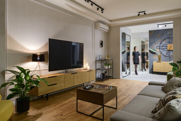 Fototapeta na wymiar living room, modern apartment, tv area in a modern apartment