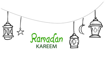 Simple Hand Draw Sketch Vector, Colorful Lantern, Star and Moon, Element Design or Template for Ramadan Kareem Greeting Card, Banner, Flyer and poster, Lantern
