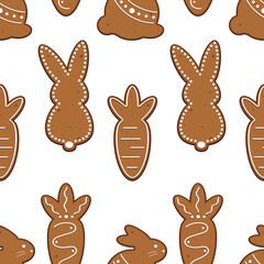 Pattern with gingerbread cookies, rabbits and carrots. Vector illustration.