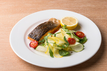 Grilled SALMON with Lemon Yellow Zucchini Salad with cherry tomato