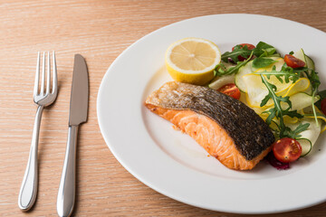Grilled SALMON with Lemon Yellow Zucchini Salad with cherry tomato