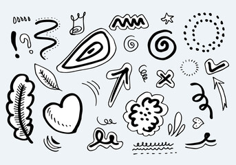 Hand drawn set elements, black on white background. Arrows, hearts, love, stars, leaves, sun, light, flowers, crowns, swish, strokes, emphasis, swirls, hearts, for concept design.