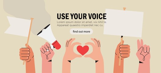 Vector illustration of people holding signs, banner and placards on a protest demostration or picket. People against violence, pollution, descrimination, human rights violation.