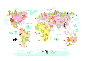 Map of the world with cartoon animals for kids. Europe, Asia, South America, North America, Australia, Africa. Lion, crocodile, kangaroo. koala, whale, bear, elephant, shark, snake, toucan.  © olga