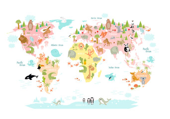 Map of the world with cartoon animals for kids. Europe, Asia, South America, North America, Australia, Africa. Lion, crocodile, kangaroo. koala, whale, bear, elephant, shark, snake, toucan.  © olga