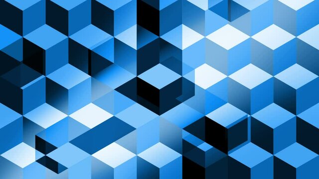 Blue cubes and bars abstract animation for background, looped seamless. Isometric perspective, hypnotic and elegant, with transparency effects.