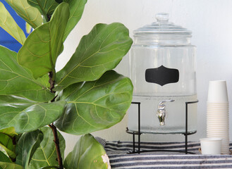 Cold drinking water in the beverage glass dispenser.