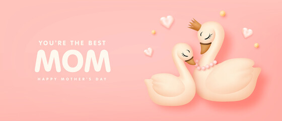 Mother's day poster or banner with cartoon swan and sweet hearts on pink background. Vector illustration © AM_art