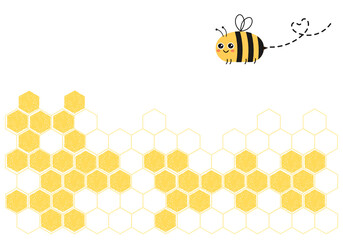 Beehive honeycomb with hexagon grid cells and bee cartoons on yellow background vector illustration.