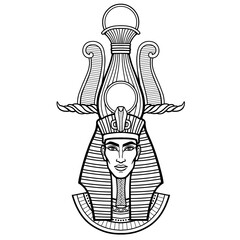Animation portrait Egyptian man n the crown. Vector illustration isolated on a white background. Print, poster, t-shirt, tattoo.