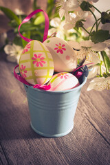 Spring flowers and easter eggs. Happy Easter Background