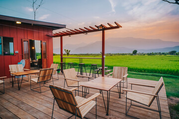 Coffee shop in rice field at Champasak, Laos