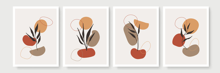 Fototapeta premium Gold Botanical wall art vector set. Earth tone boho foliage line art drawing with abstract shape. Abstract Plant Art design for print, cover, wallpaper, Minimal and natural wall art. 