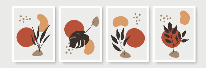 Gold Botanical wall art vector set. Earth tone boho foliage line art drawing with abstract shape. Abstract Plant Art design for print, cover, wallpaper, Minimal and natural wall art.
