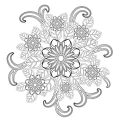 Black and white circle flower ornament, ornamental round lace design. Floral mandala