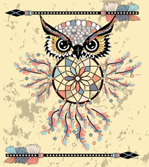 Dreamcatcher with owl. Zentangle. Abstract bird. Mystic symbol. American Indians symbol. for spiritual relaxation for adults.