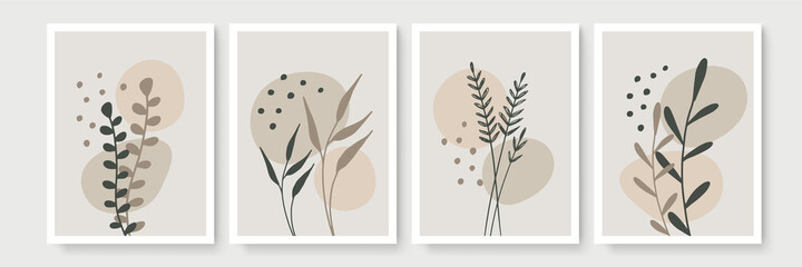 Fototapeta na wymiar Abstract modern botanical boho poster collection. Organic bohemian wall art poster for minimal luxury interior with watercolor abstract shapes. Neutral paster color, foliage drawing. Acrylic vector