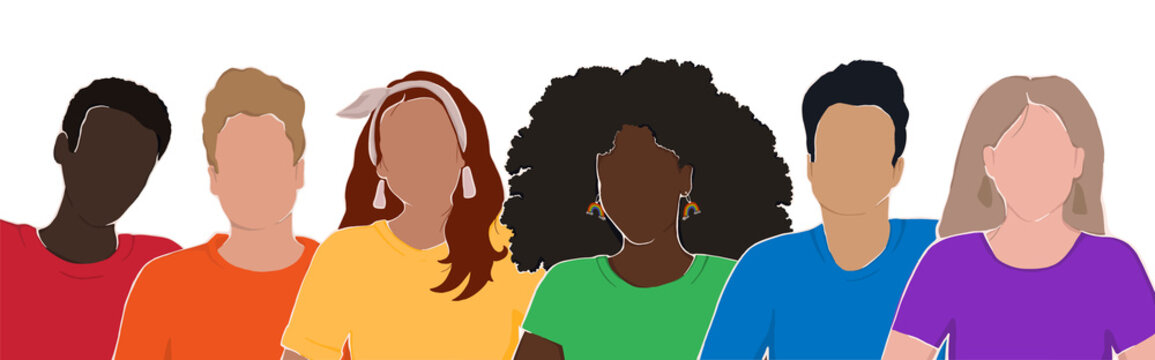 people from different ethnic groups in rainbow-colored clothes. LGBT community. Human rights. LGBTQ. Flat illustration, pride month..