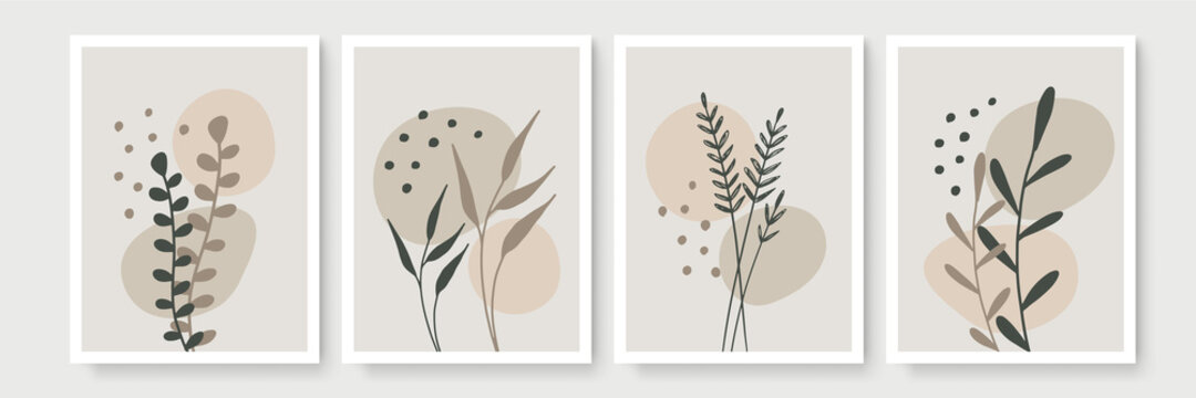 Abstract modern botanical boho poster collection. Organic bohemian wall art poster for minimal luxury interior with watercolor abstract shapes. Neutral paster color, foliage drawing. Acrylic vector